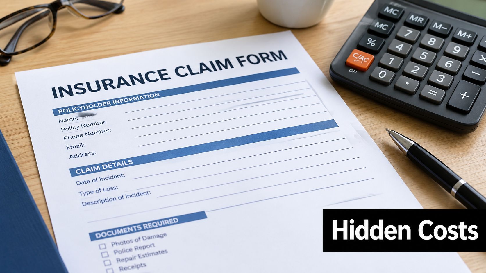 An insurance claim form on a wooden desk with a calculator, pen, and glasses for document processing.