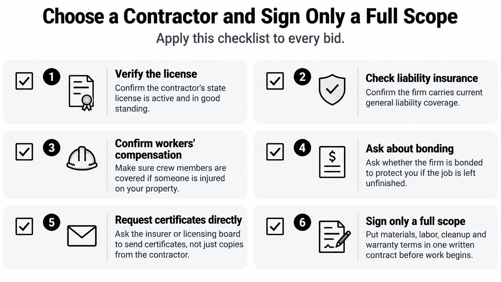 A helpful six-step checklist for homeowners to vet and select a qualified construction contractor.