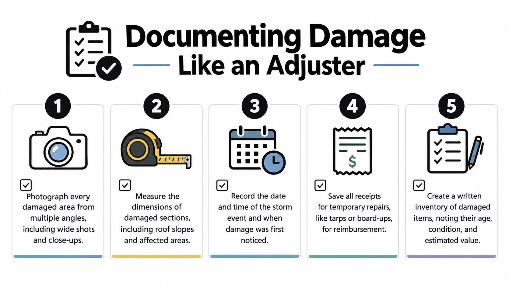 A checklist infographic titled Documenting Damage Like an Adjuster with five essential steps for insurance claims.
