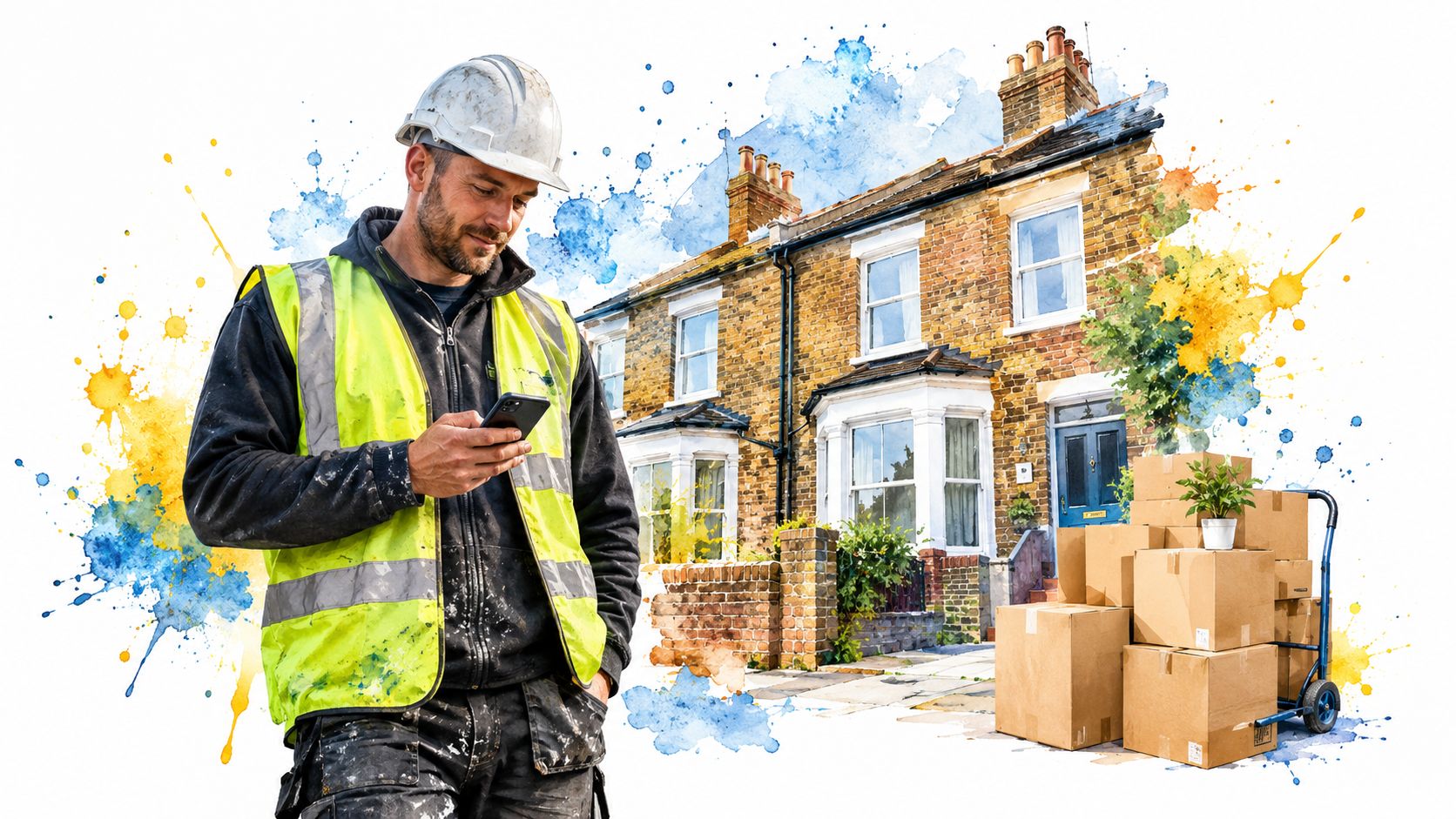 A construction worker in a hard hat holding a phone, positioned in front of a residential house.