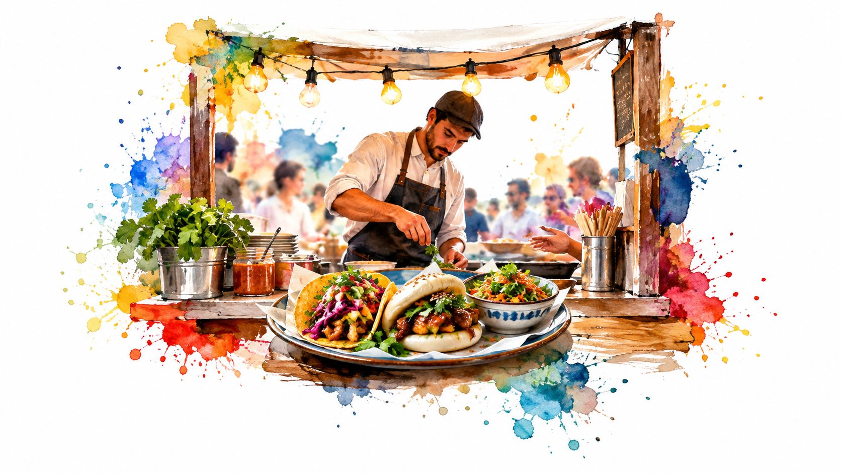 A professional chef preparing gourmet street food at a vibrant food festival stall with fresh ingredients.