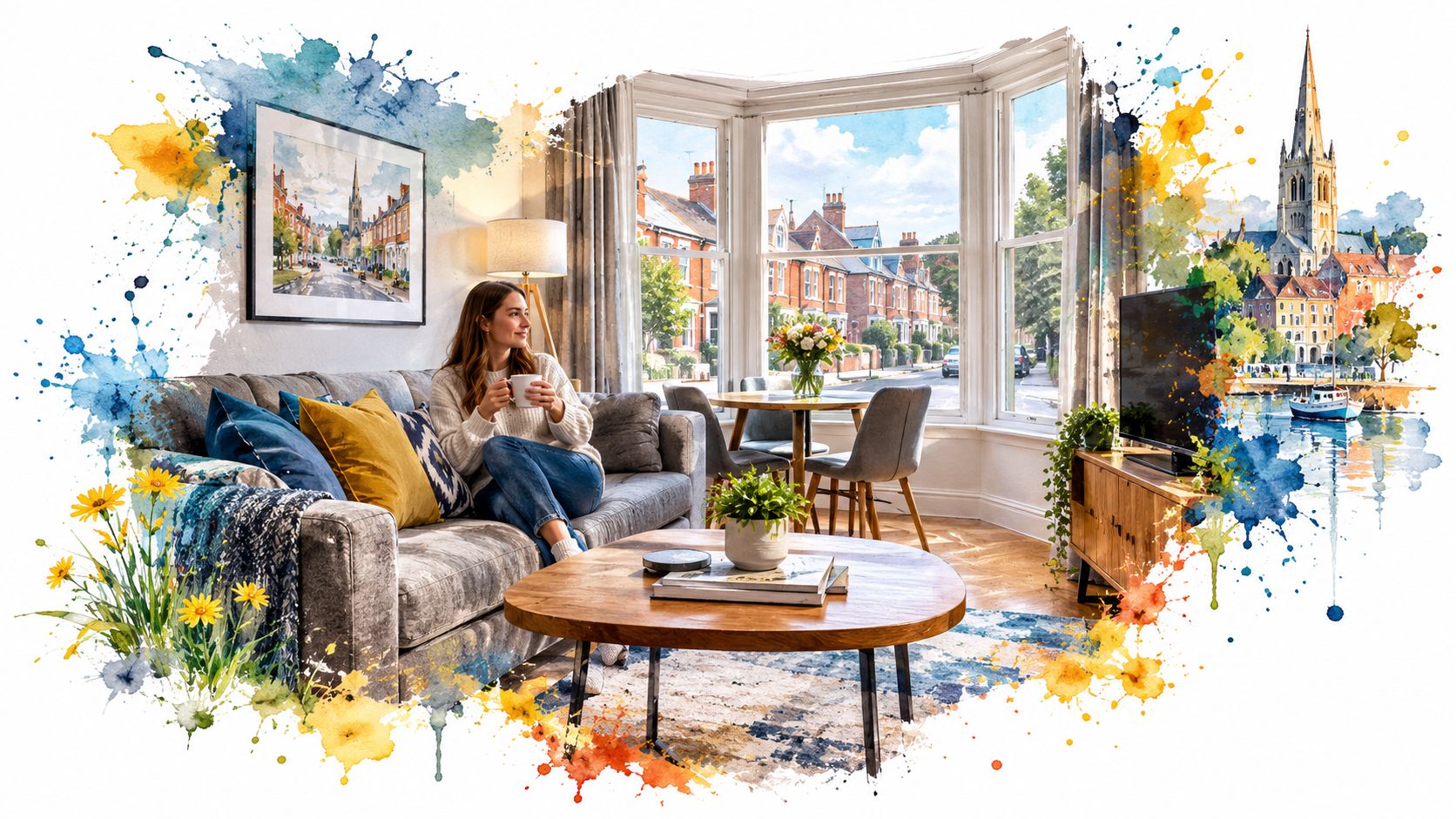 A woman relaxes on a sofa in a sunlit living room overlooking a scenic English street view.