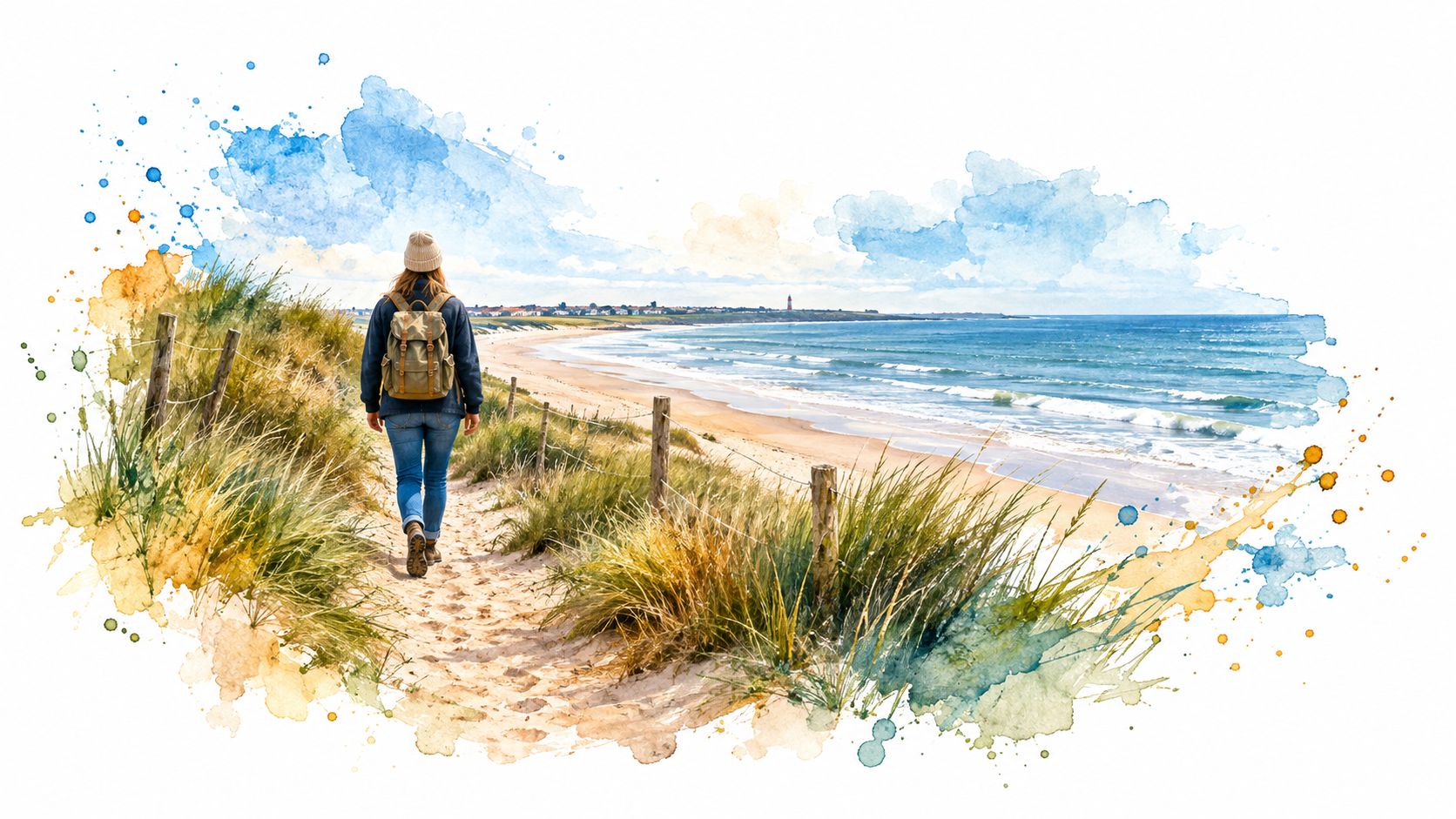 A hiker with a backpack walks along a sandy coastal path overlooking a scenic beach and ocean.