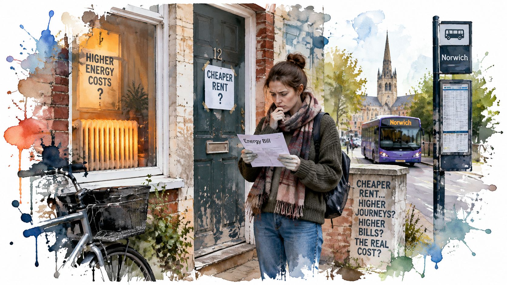 A woman stands outside a house looking concerned at an energy bill with Norwich city context.