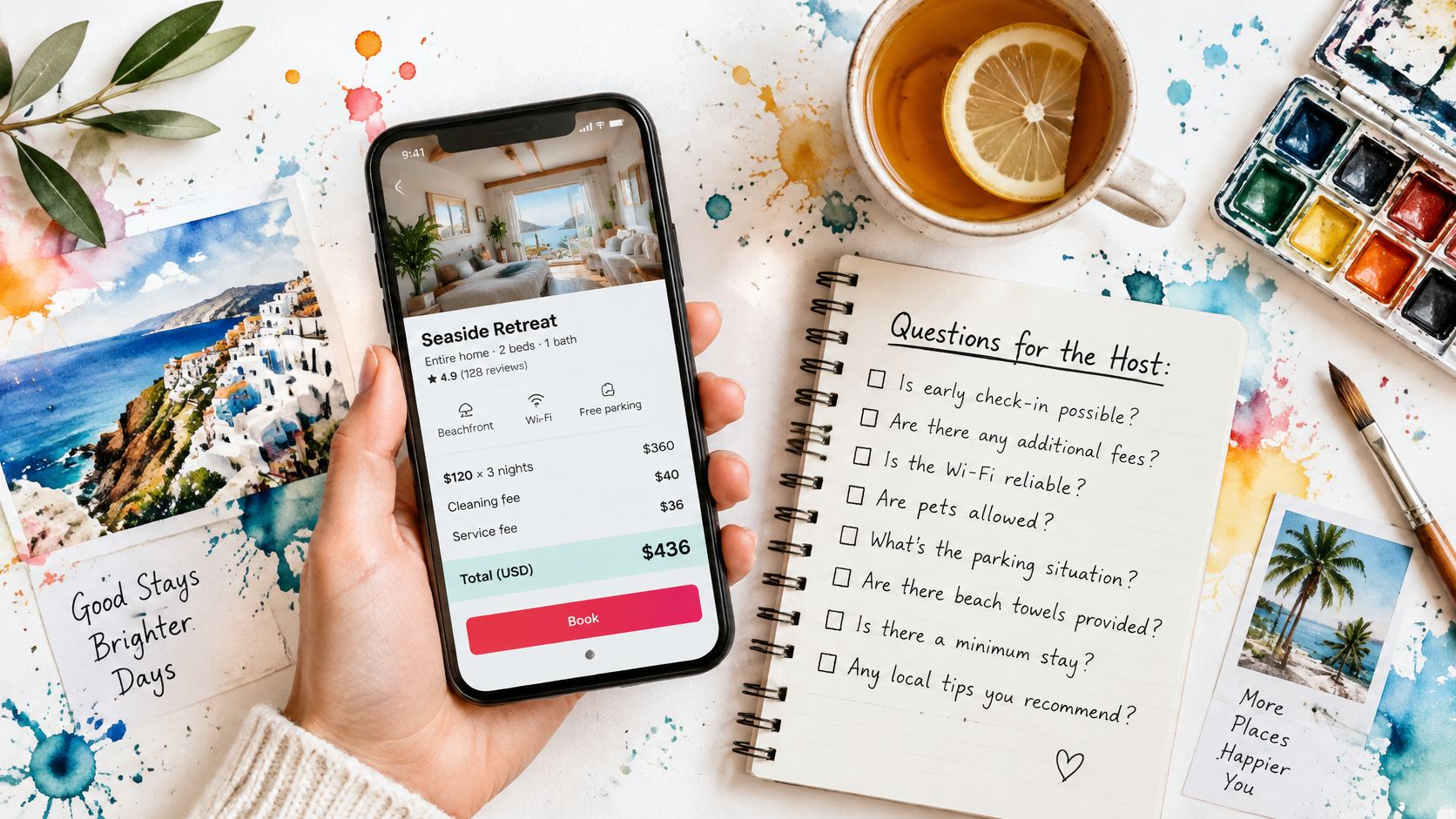 A hand holding a smartphone displaying a vacation rental booking app next to a handwritten checklist.