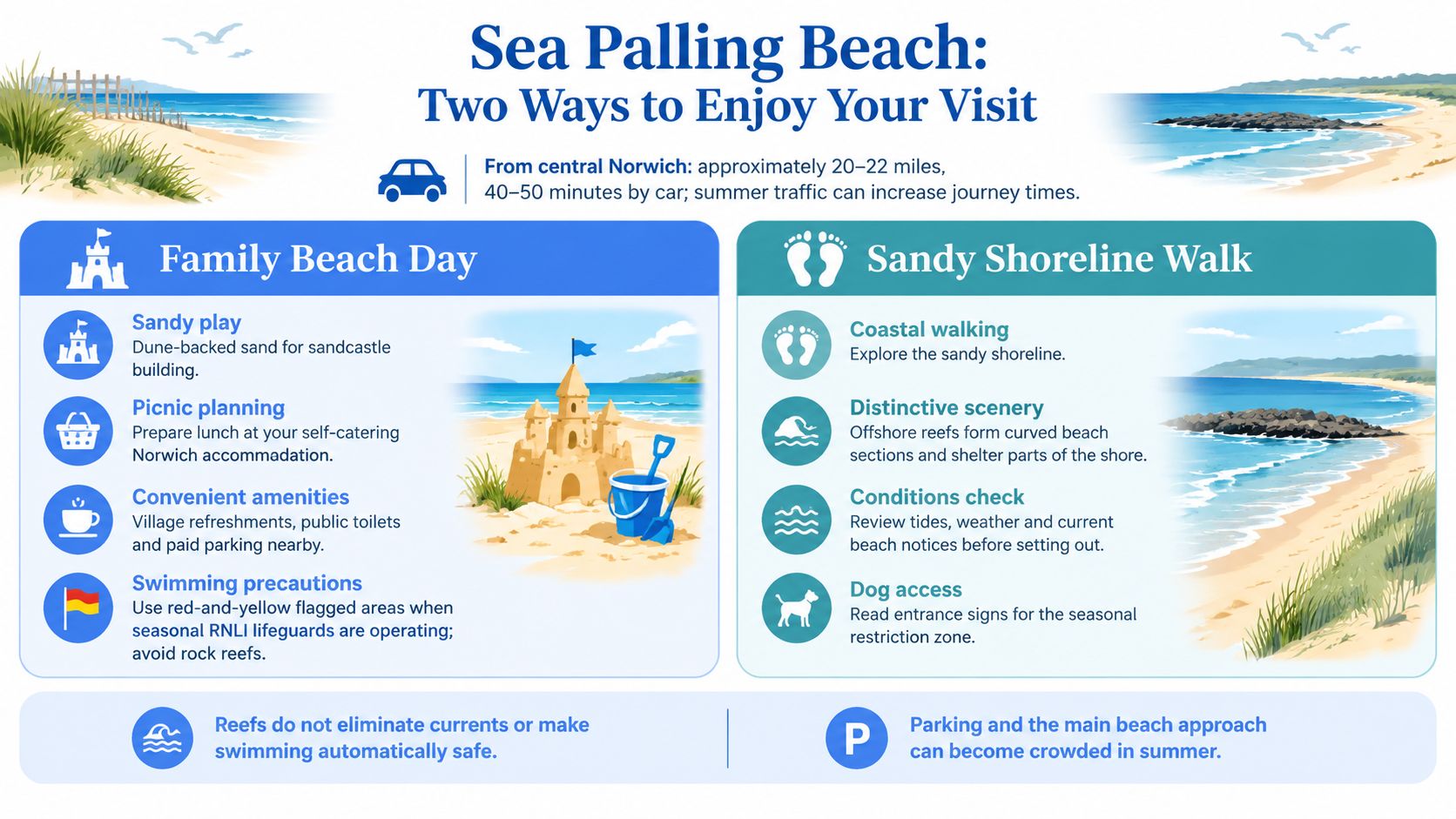 An infographic outlining two ways to visit Sea Palling Beach near Norwich, featuring travel and activity tips.