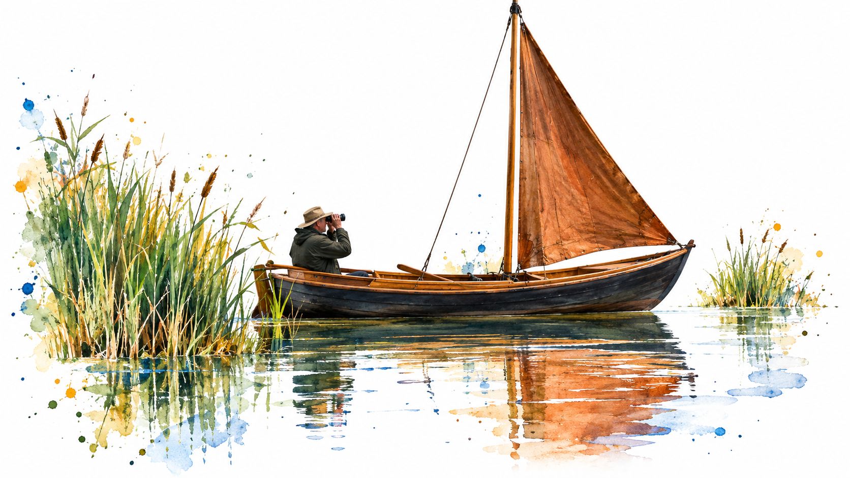 A watercolor illustration of a person in a wooden sailboat observing nature through binoculars in a marshland.