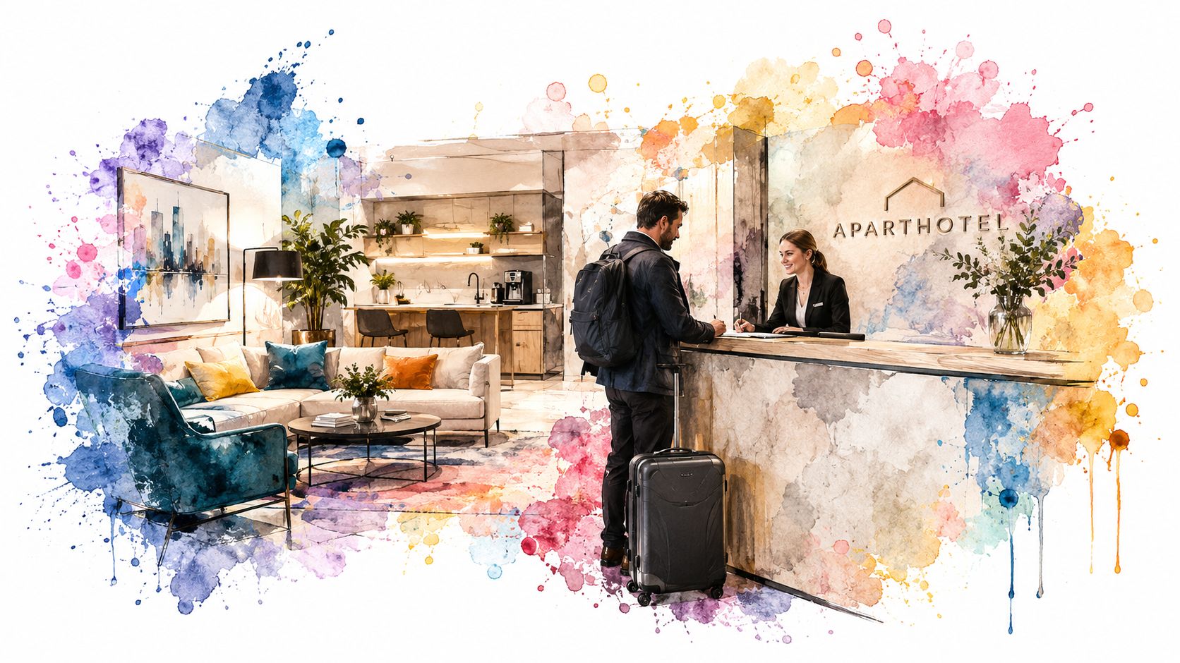 A man checking into an aparthotel at the front desk with a receptionist in a modern lobby.