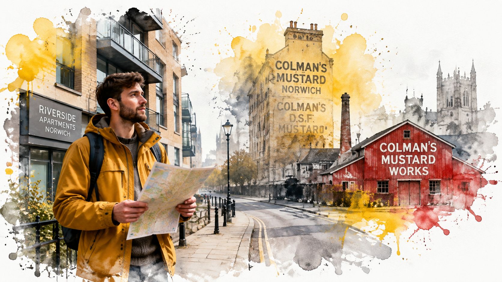 A young man in a yellow jacket looking at a map in front of Colman's Mustard Norwich.
