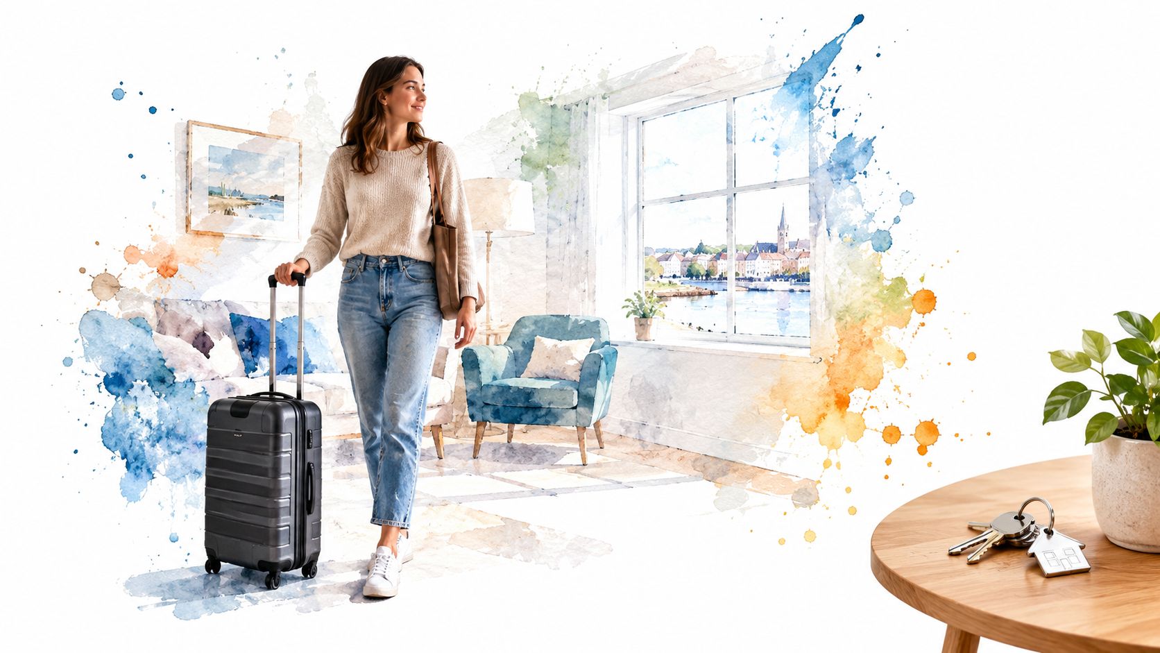 A smiling woman walks into a modern, airy apartment with her luggage, representing a successful home search.