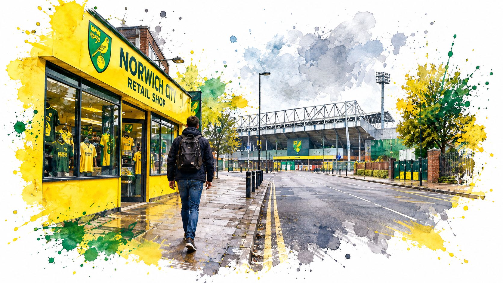 A person with a backpack walking past the Norwich City Football Club retail store toward Carrow Road stadium.