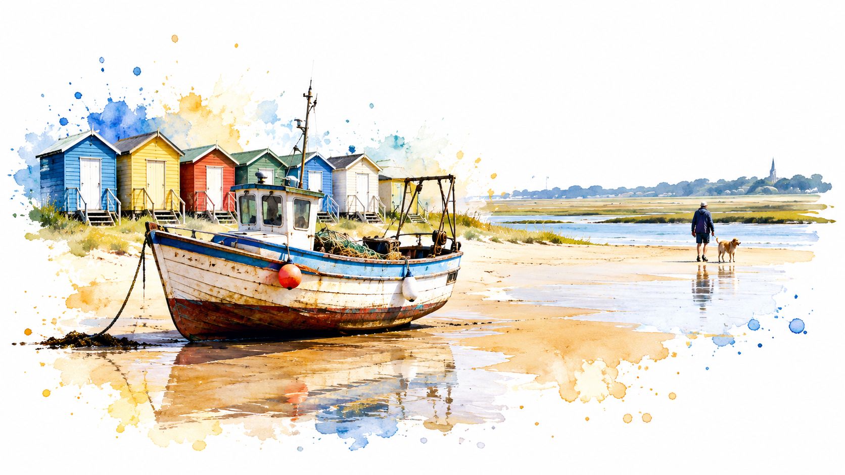 A watercolor illustration of a fishing boat on a sandy beach with colorful huts and a walker.