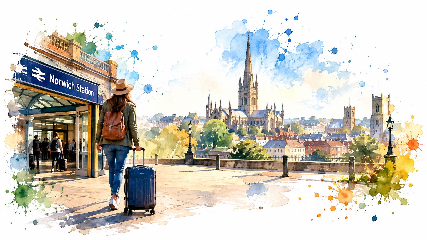 A traveler walking out of Norwich Station towards the historic cathedral in a vibrant watercolor art style.