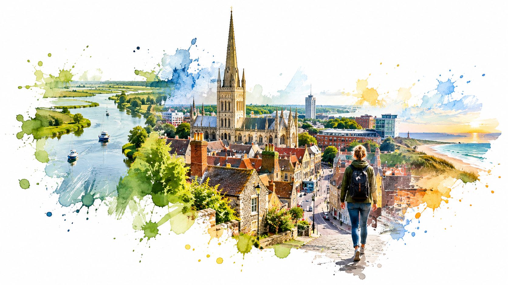 A traveler walking towards a historic cathedral city with a river, coastline, and artistic watercolor effects.