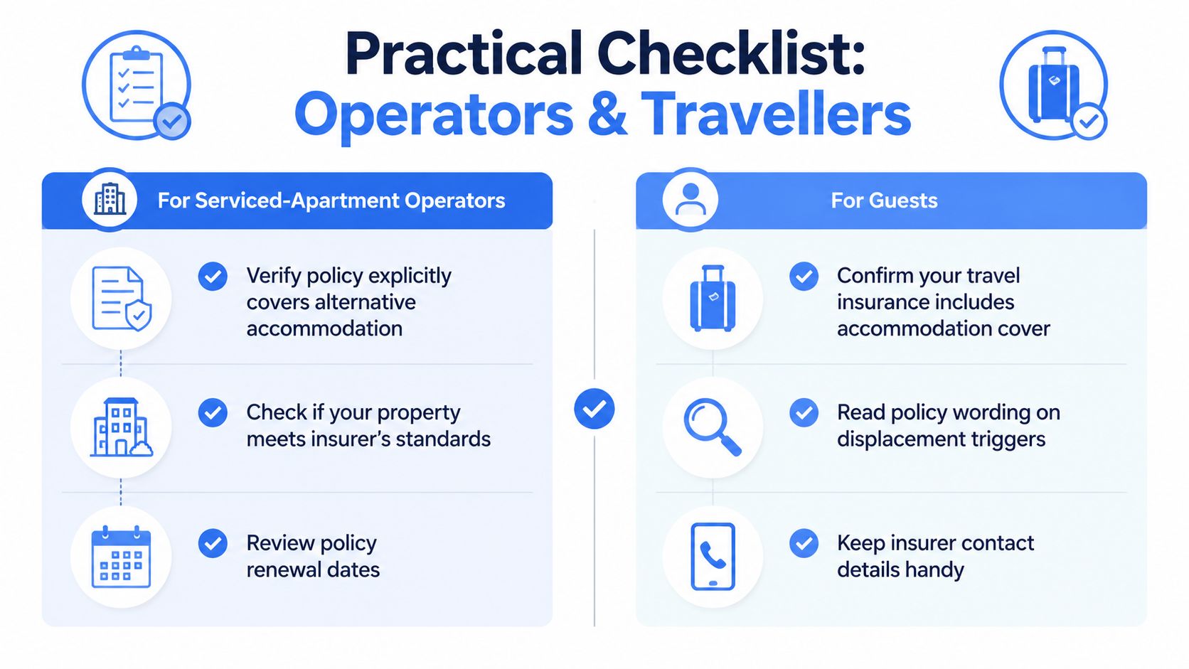 A checklist infographic outlining insurance considerations for serviced-apartment operators and guests regarding alternative accommodation.