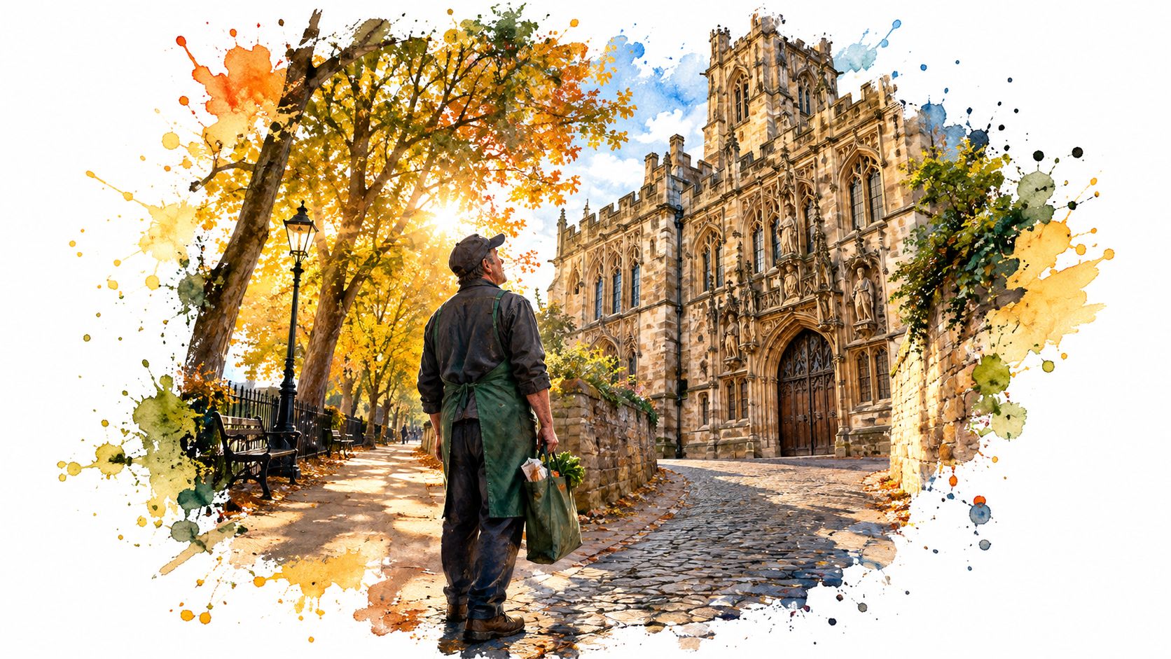 A man wearing an apron carrying groceries stands on a cobblestone path near a historic stone building.