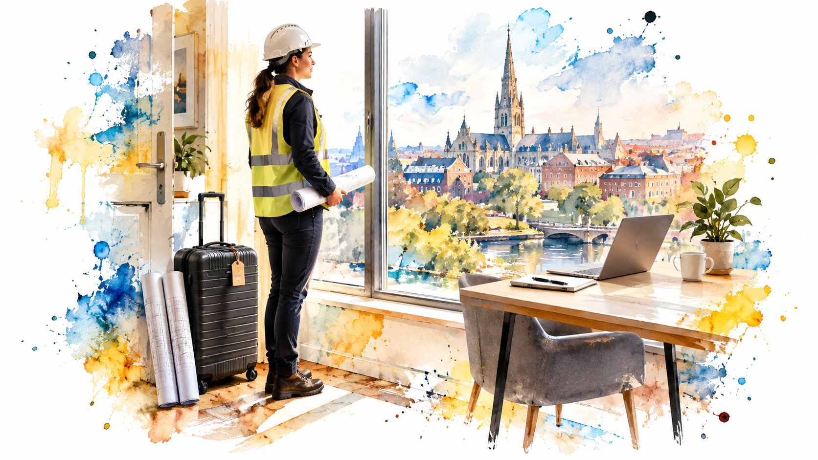 A female architect in a safety vest and hard hat holds blueprints while looking at a city.