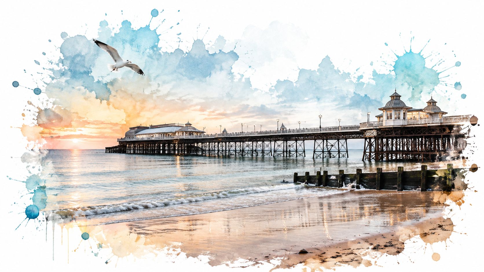 A scenic watercolor-style image of Cromer Pier in Norfolk, England, at sunset with a seagull flying.