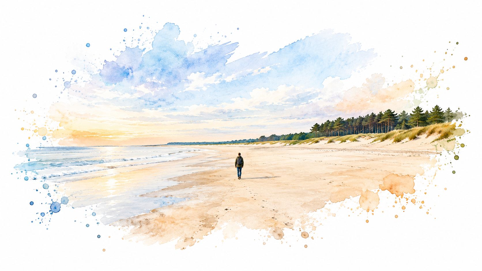 A lone person walking along a tranquil sandy beach with pine trees during a soft golden sunset.