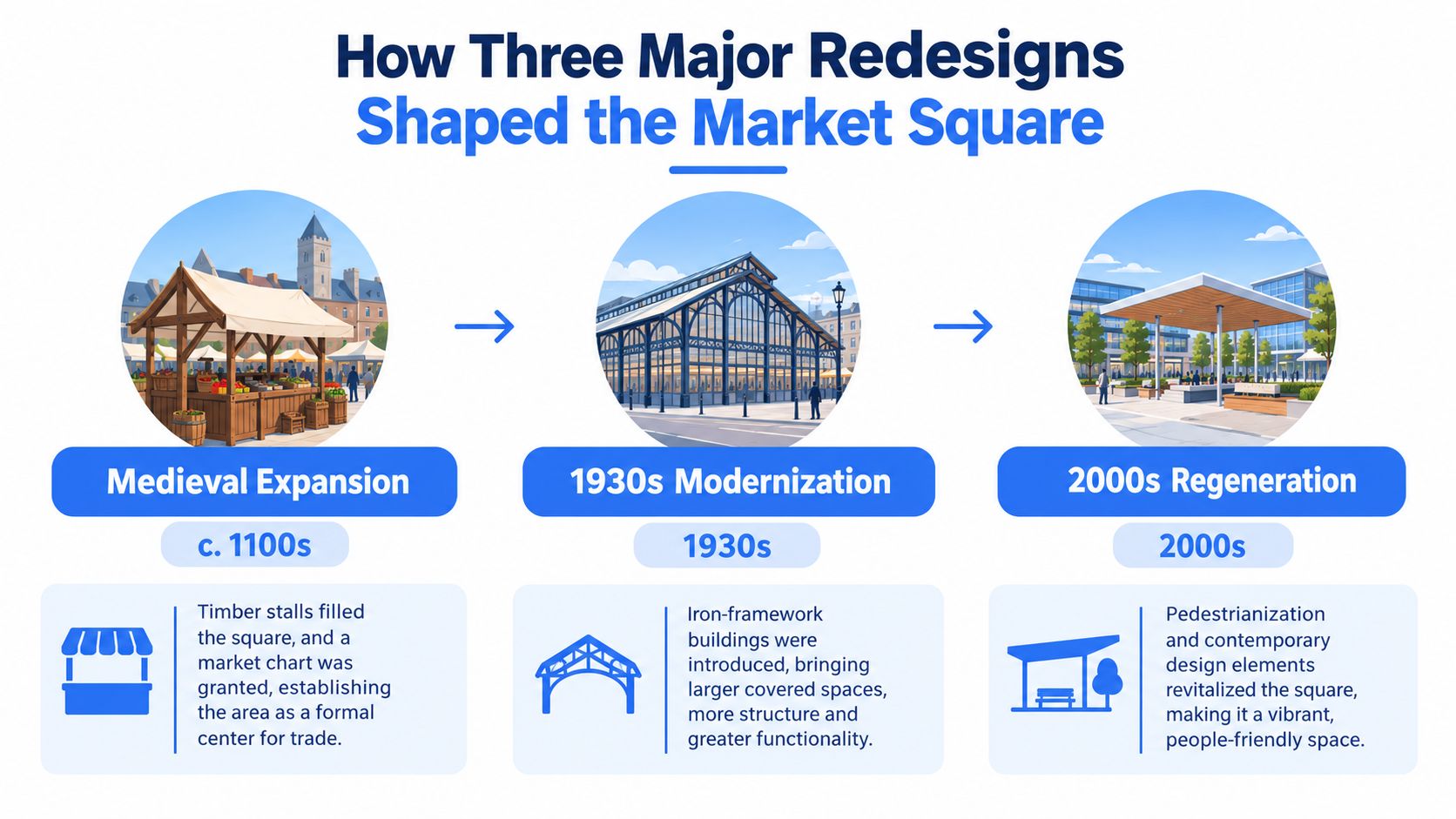 A timeline illustration showing three historical phases of market square design from medieval times to present.