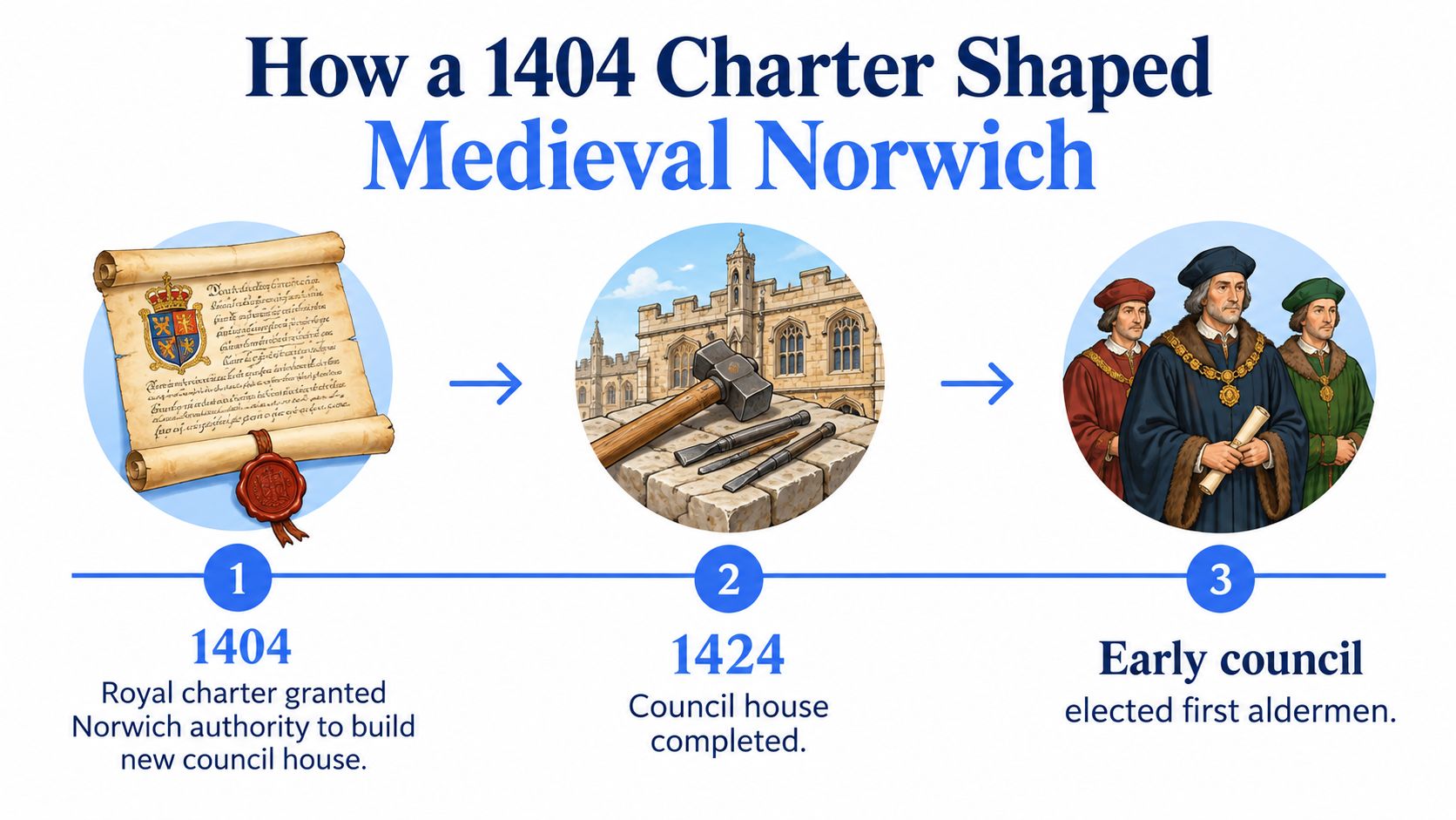 A timeline graphic showing the 1404 royal charter, the construction of a council house, and early aldermen.