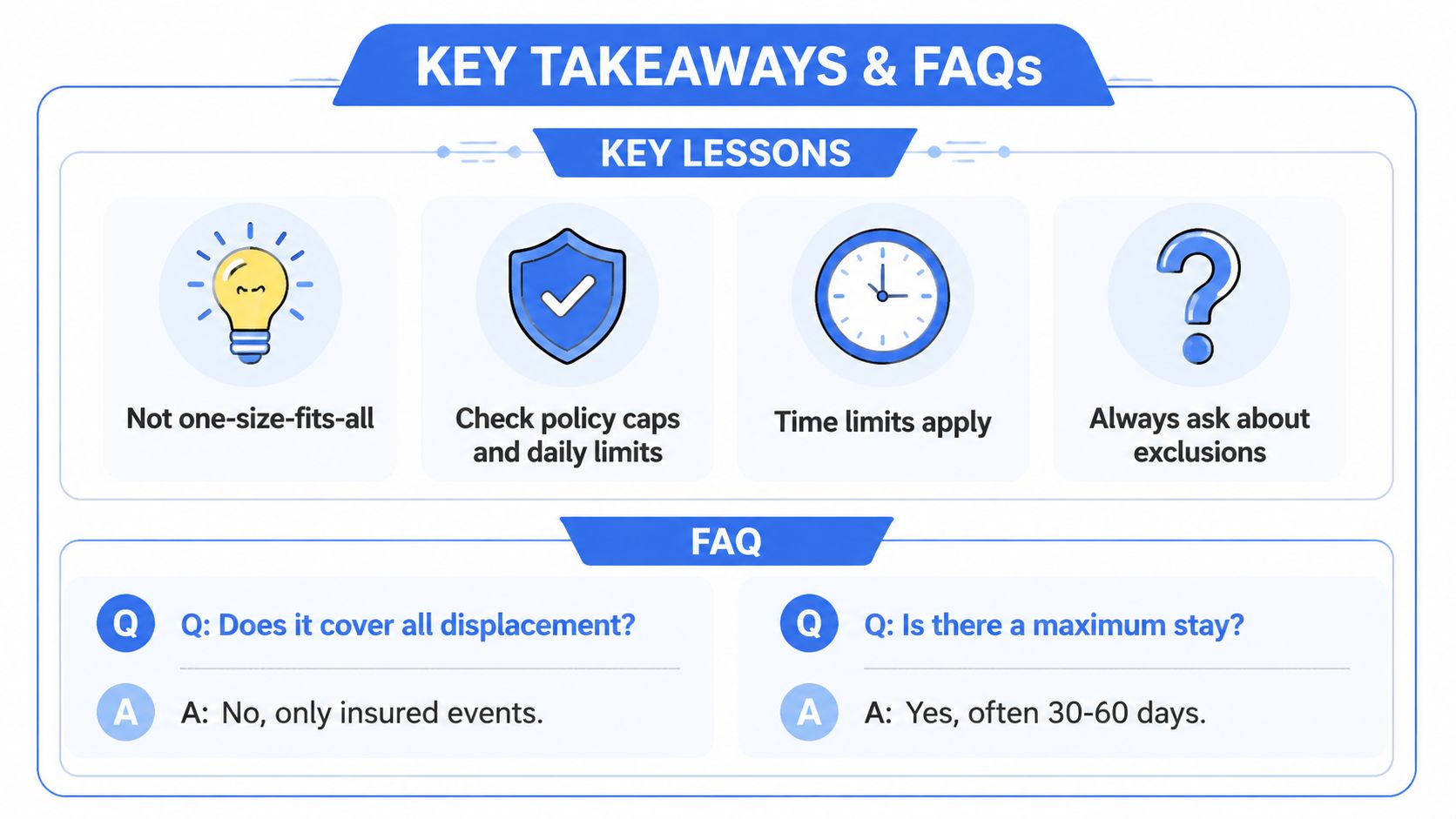 An infographic summarizing key insurance lessons and frequently asked questions regarding alternative accommodation coverage policy limitations.