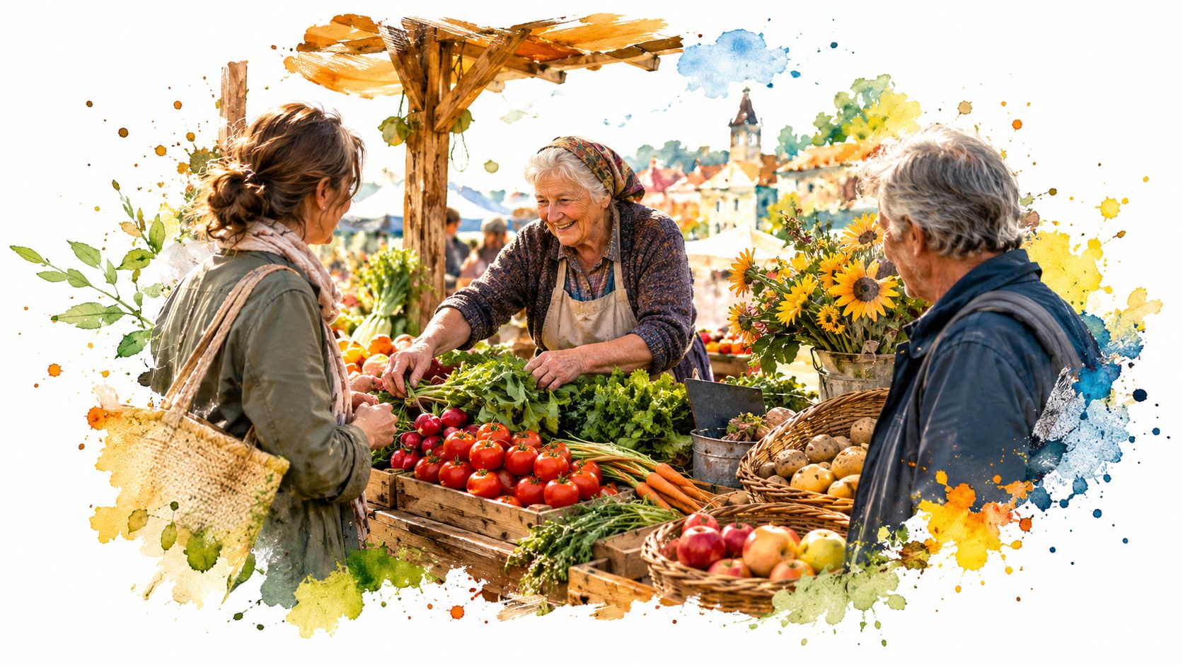 A friendly elderly vendor interacts with customers at a vibrant outdoor produce market in a historic town.