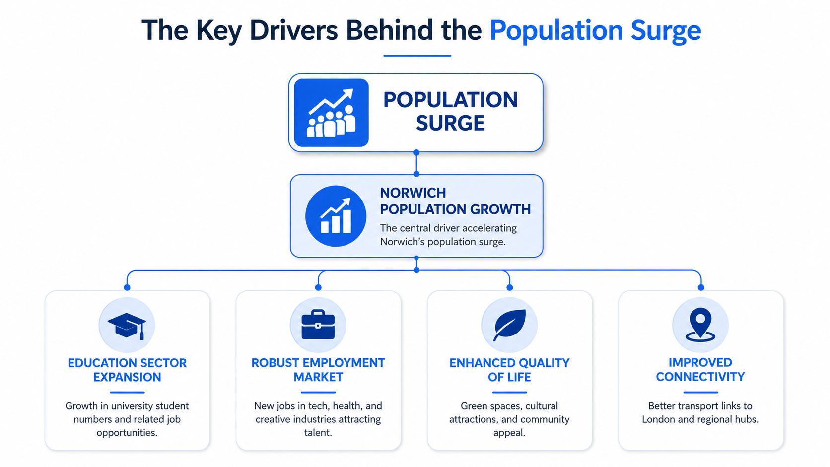 An infographic diagram outlining the key drivers contributing to the population growth in Norwich, England.