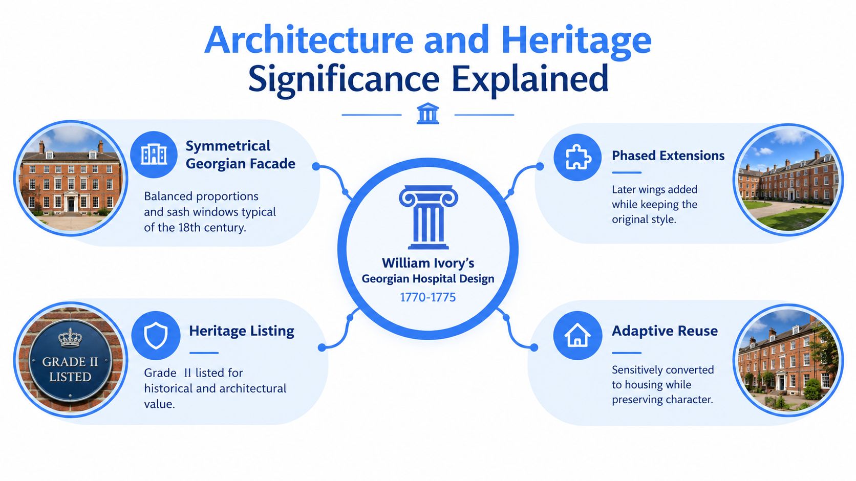 A diagram explaining the architectural and heritage significance of William Ivory's Georgian hospital design in Norwich.