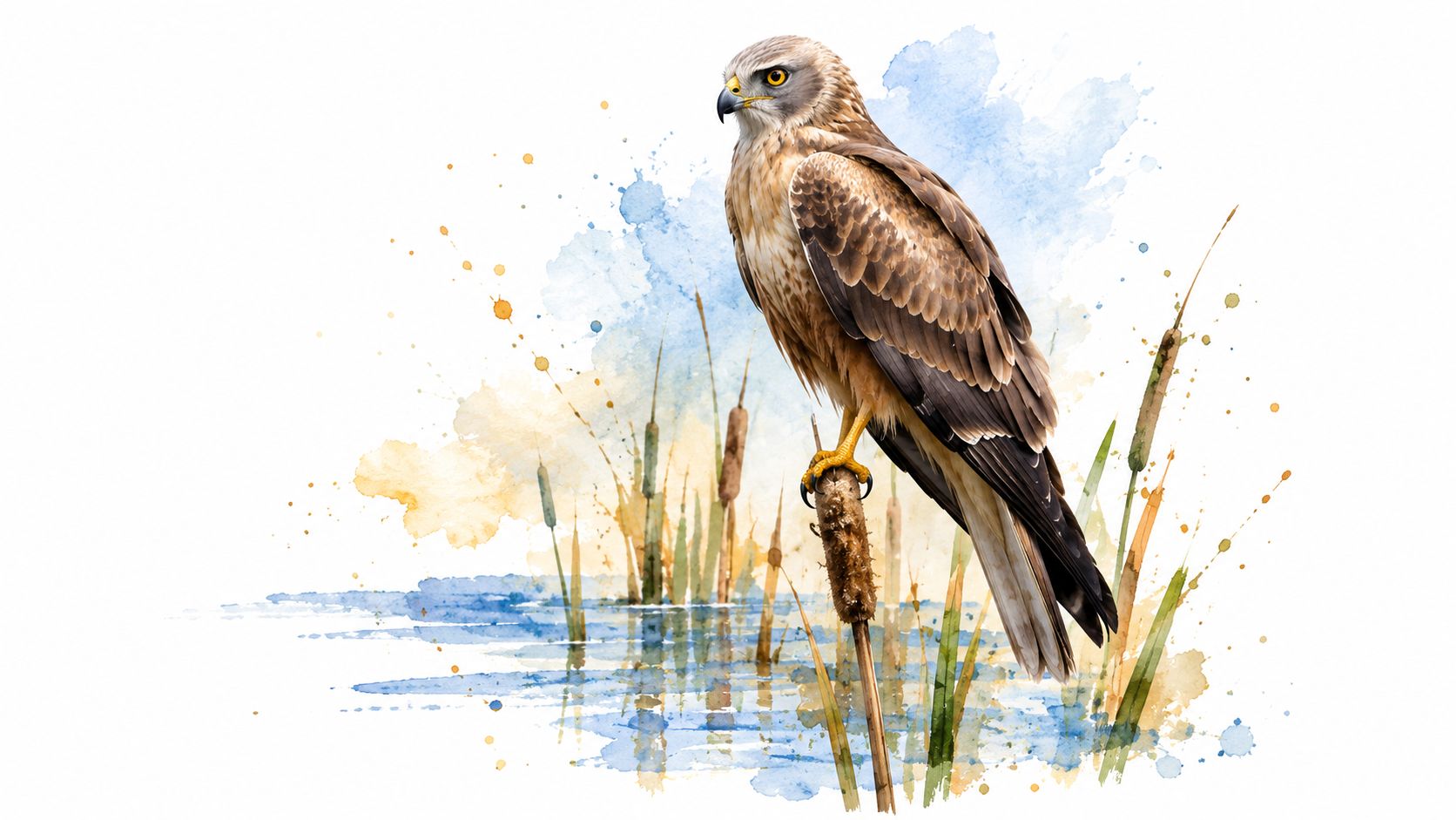 A detailed watercolor painting of a hawk perched atop a cattail in a tranquil marshland setting.