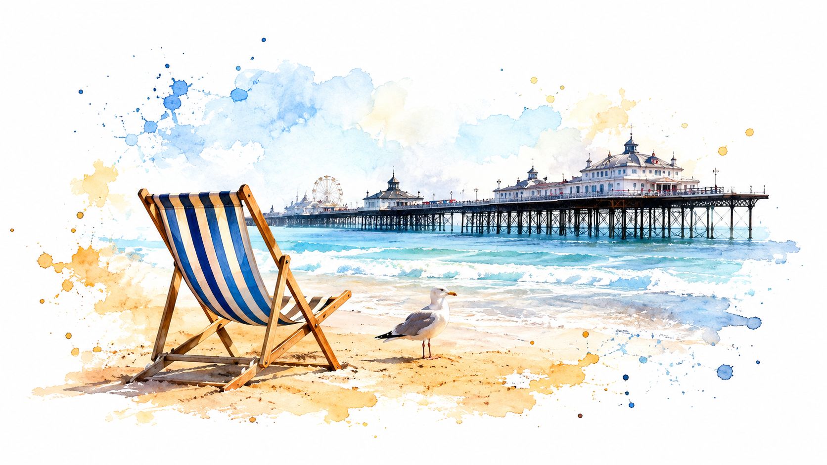 A watercolor illustration of a beach chair and a seagull on the sand facing a scenic pier.