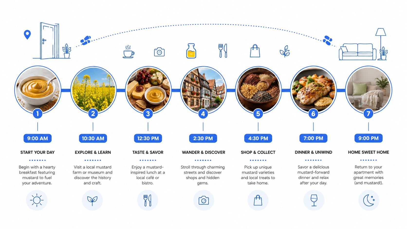 An illustrated itinerary showing a mustard-themed day trip schedule with seven steps from morning to evening.