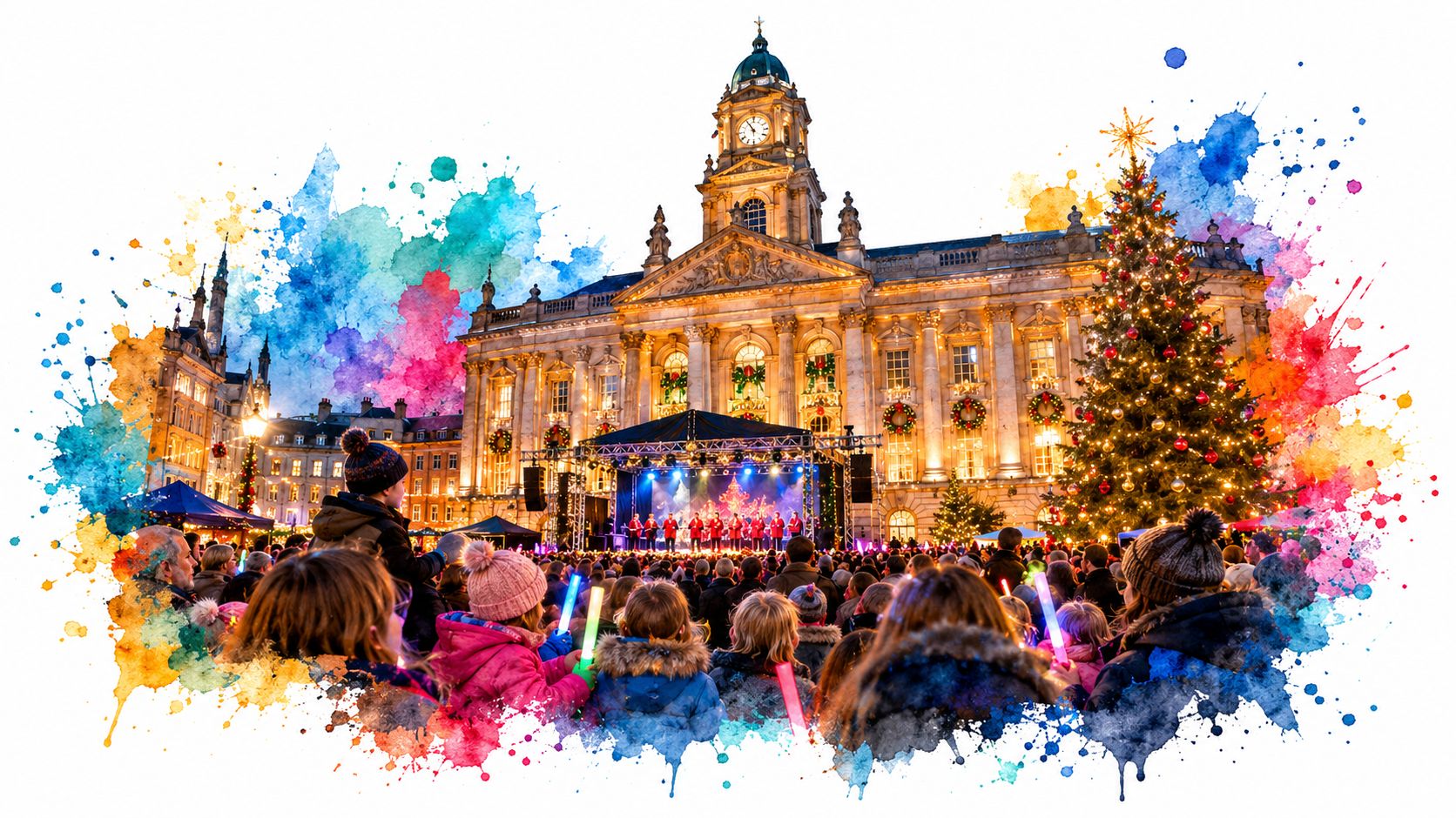 A crowd gathers in front of a grand illuminated building with a large decorated Christmas tree at night.