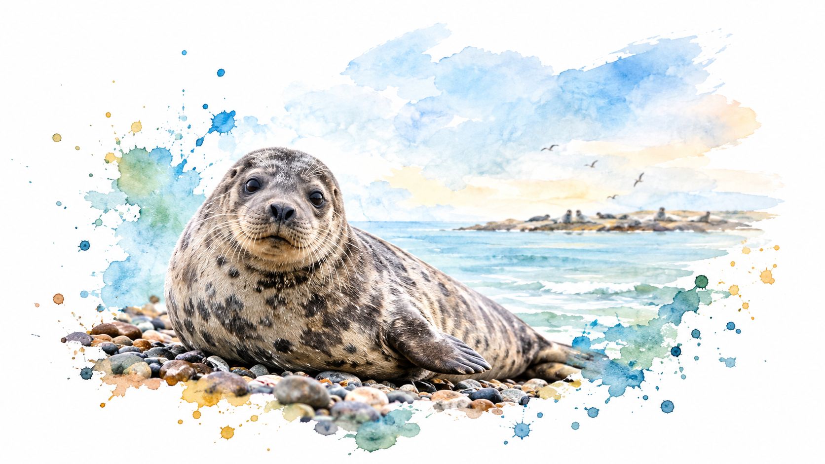 A cute seal rests on a pebble beach with a soft watercolor style background featuring the ocean.