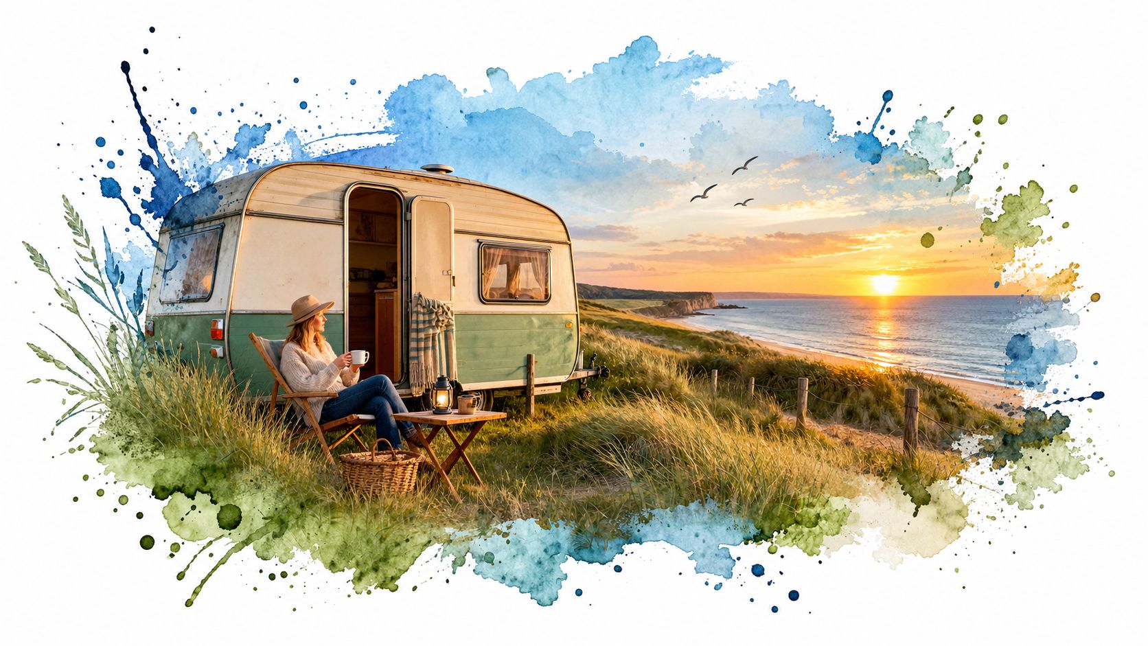 A woman sits in a chair outside a vintage camper van near the coast at sunset.