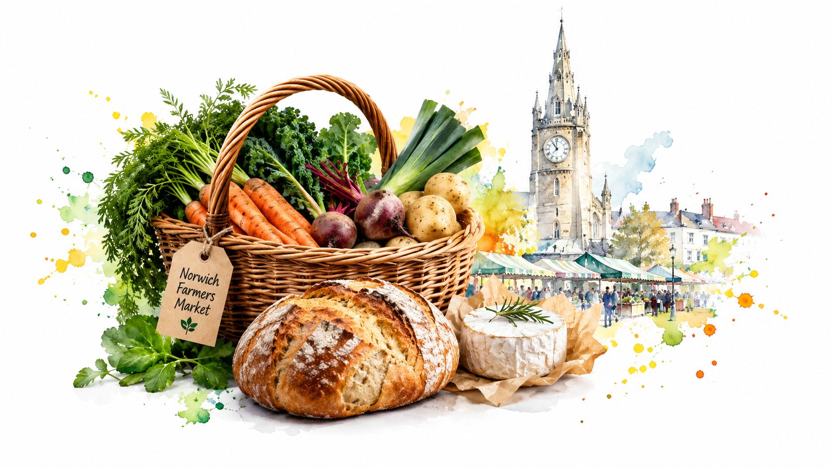 A basket of fresh vegetables, a loaf of bread, and cheese at a Norwich Farmers Market display.