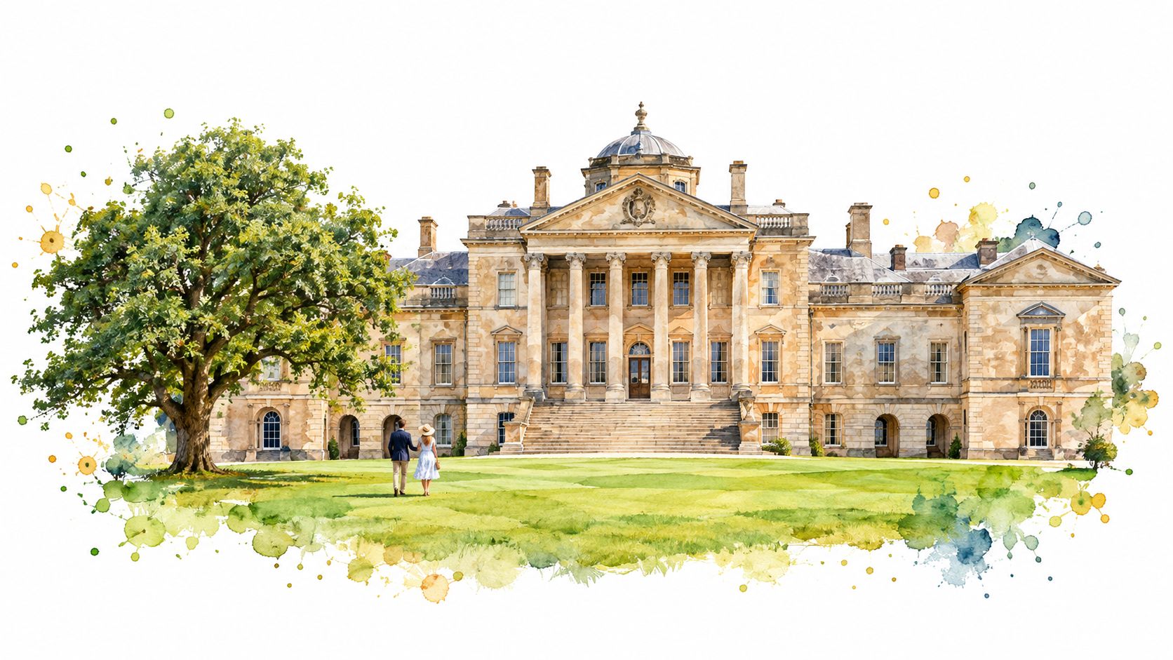 A couple walks toward a grand historic country house with a large green lawn and watercolor accents.