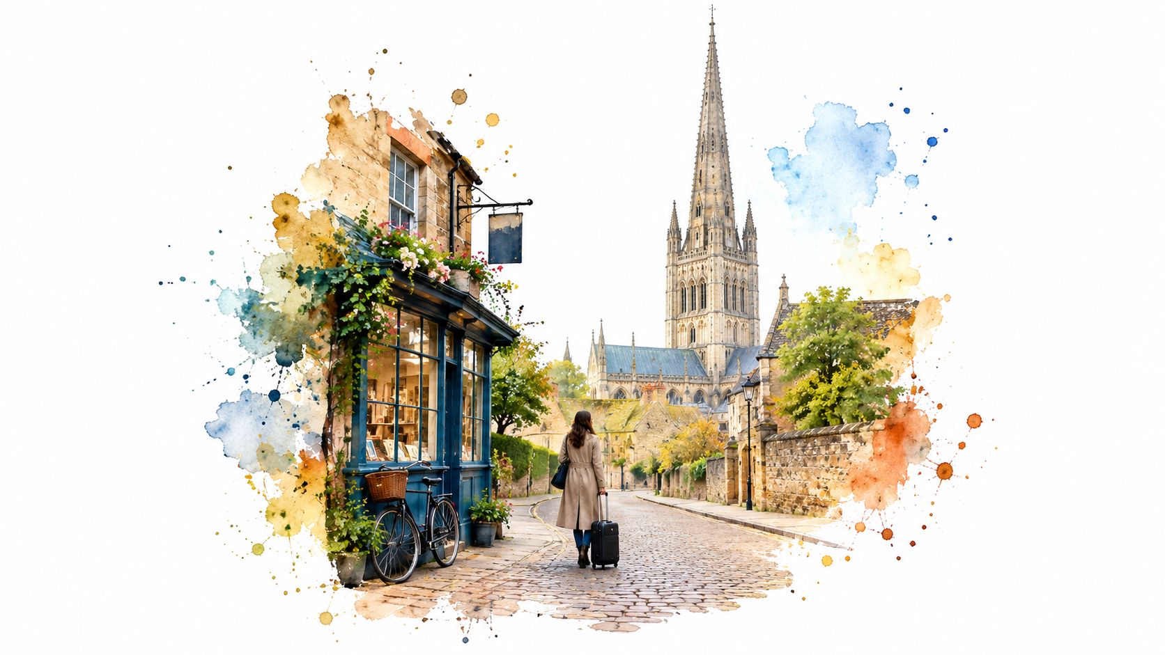 A traveler walking down a cobblestone street toward a historic cathedral, surrounded by artistic watercolor effects.