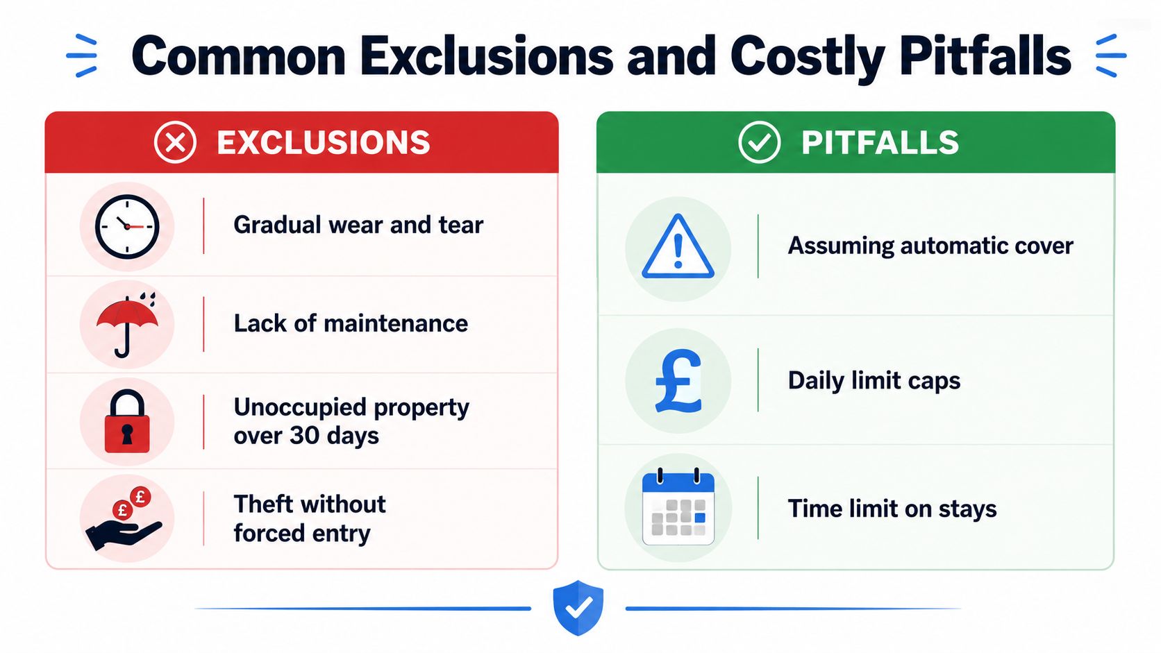 An infographic titled Common Exclusions and Costly Pitfalls in insurance policies, listing typical coverage gaps and limitations.
