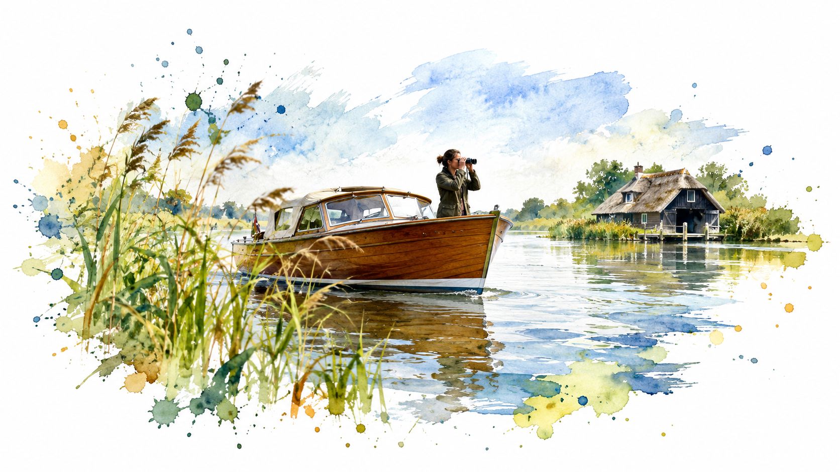 A woman uses binoculars on a classic wooden boat traveling on a peaceful canal near a house.