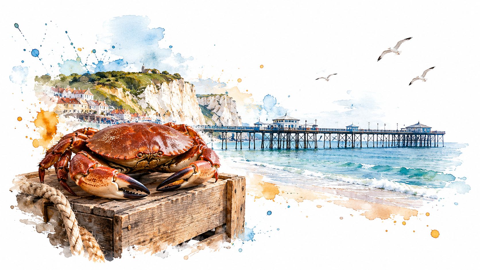 A brown crab sits on a wooden crate near a scenic seaside pier and coastal cliff landscape.