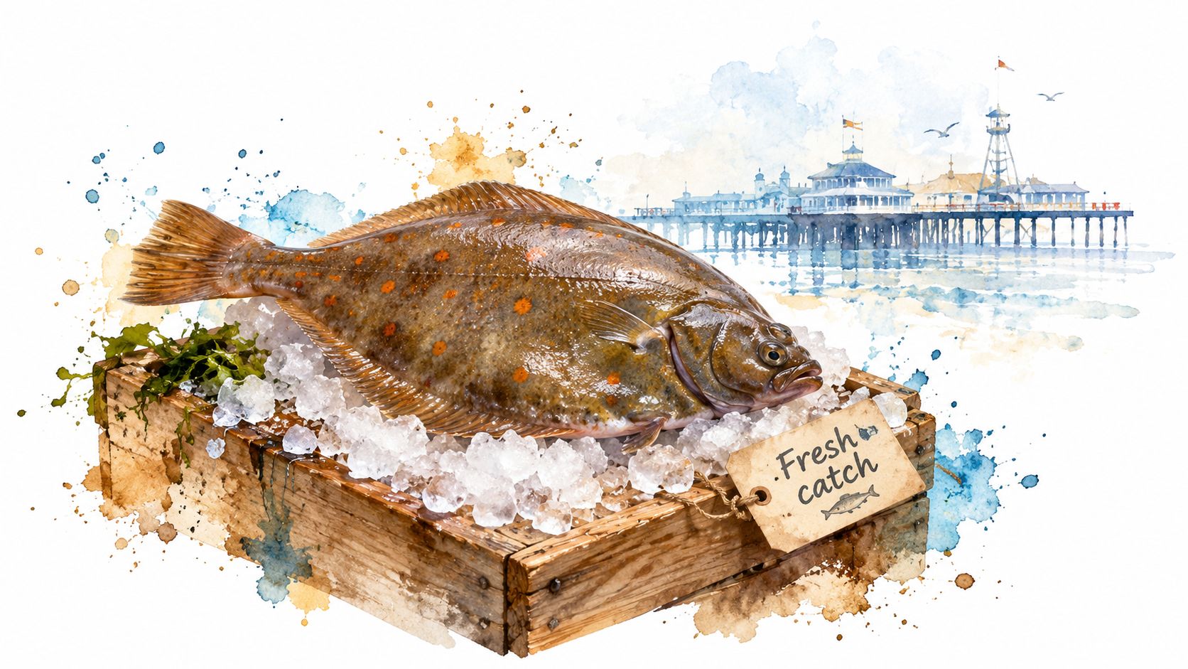 A fresh flatfish resting on a wooden crate filled with ice, set against a coastal watercolor background.