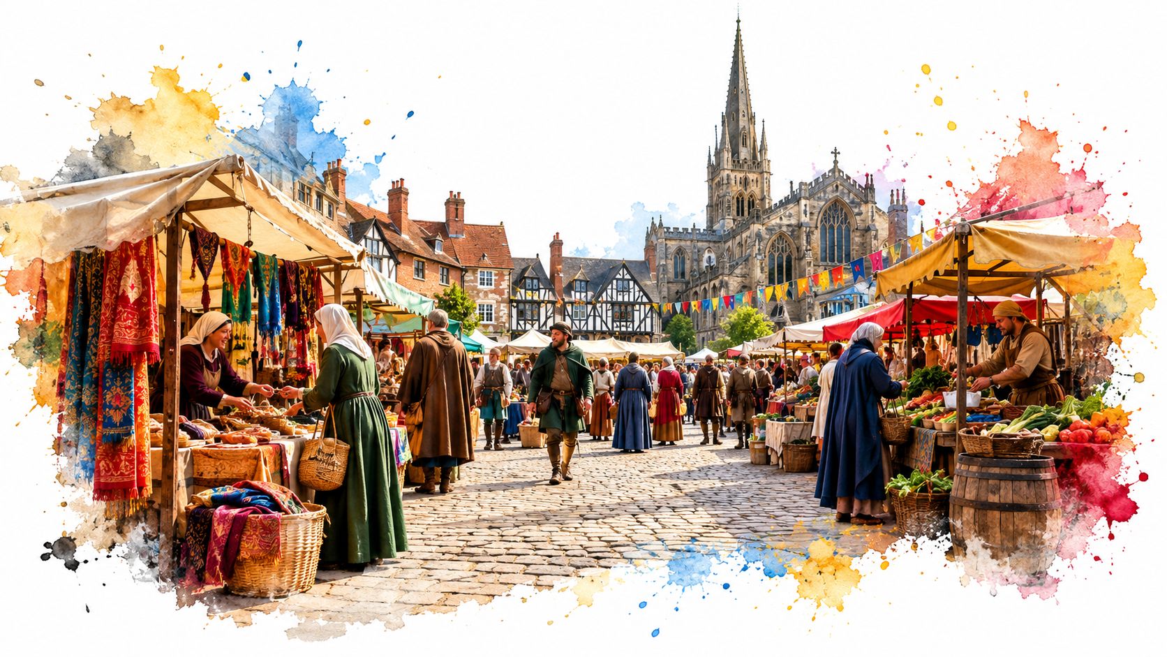 A bustling medieval-style marketplace with traditional stalls, stone buildings, and a cathedral in the background.