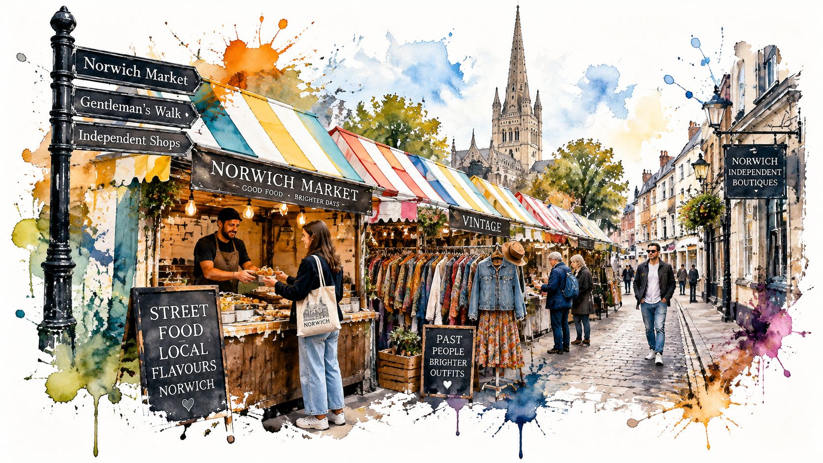 A colorful watercolor illustration of Norwich Market featuring bustling stalls, street food vendors, and a historic cathedral.