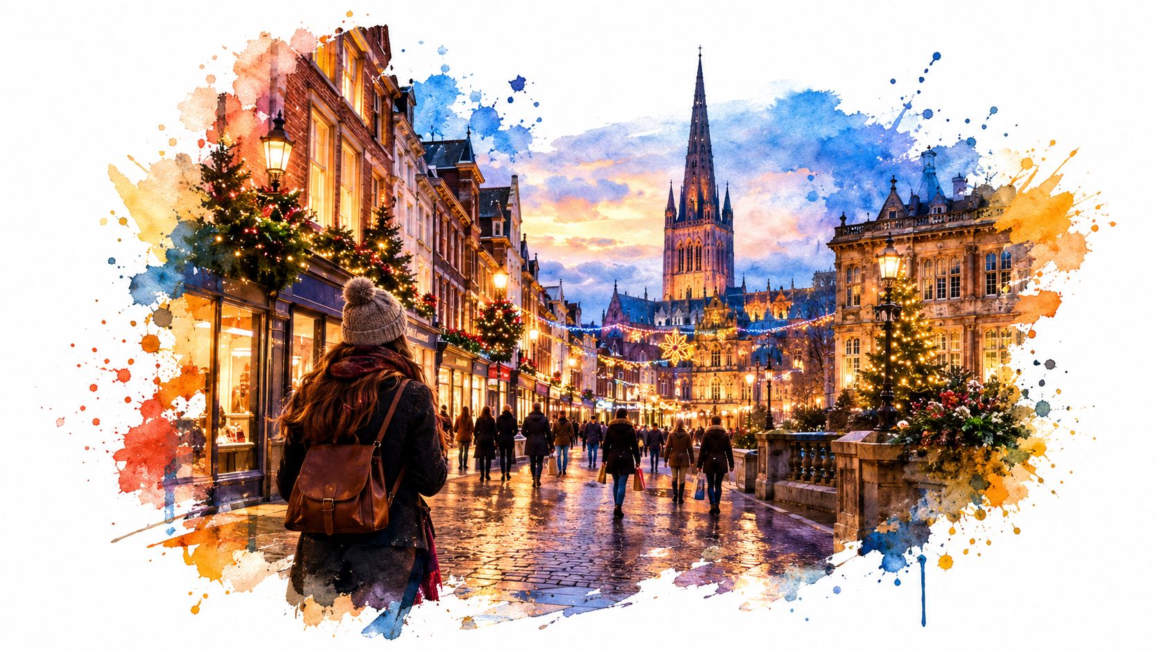 A woman strolling down a cobblestone street in Norwich illuminated by festive Christmas lights at twilight.