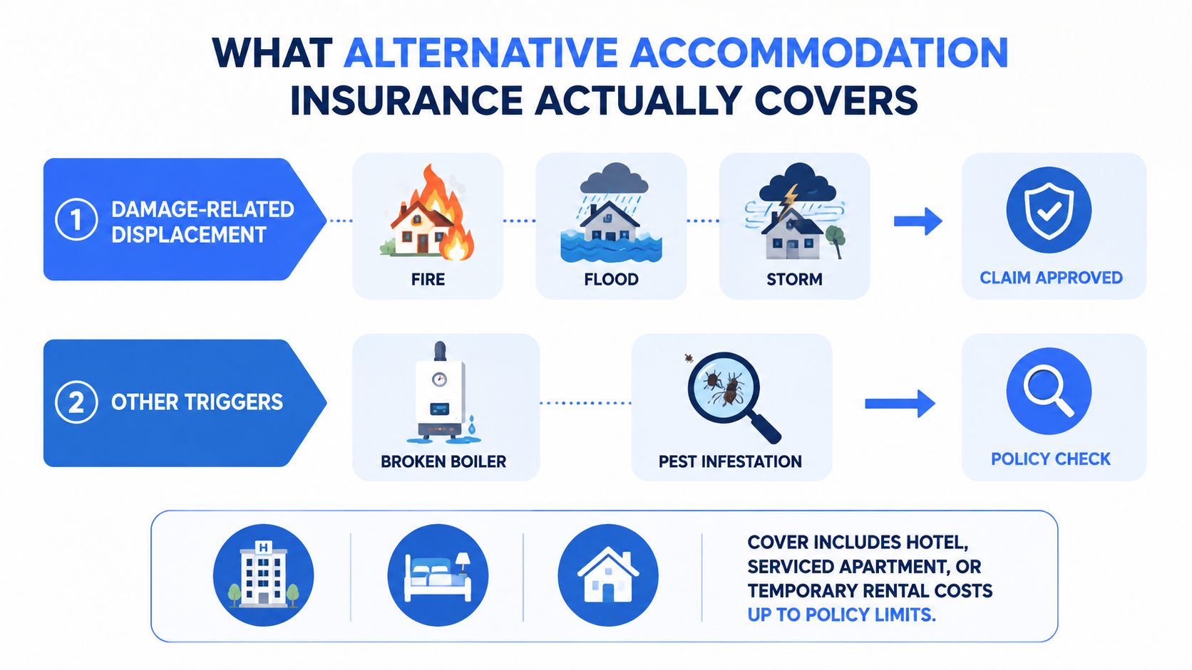 A diagram explaining what alternative accommodation insurance covers, including damage-related displacement and other triggers like broken boilers.
