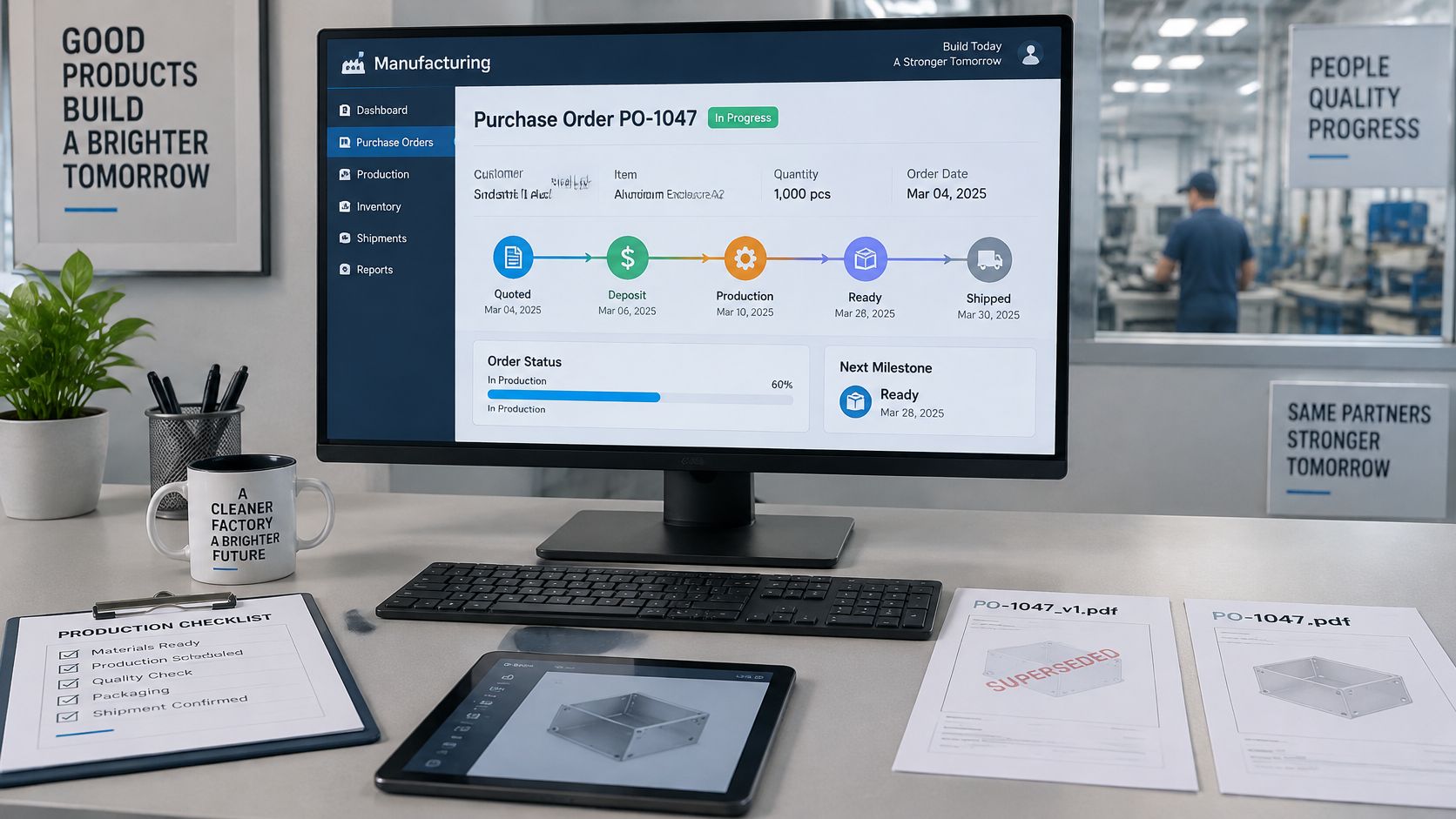 A modern manufacturing dashboard displayed on a desktop monitor showing purchase order progress in a professional office.