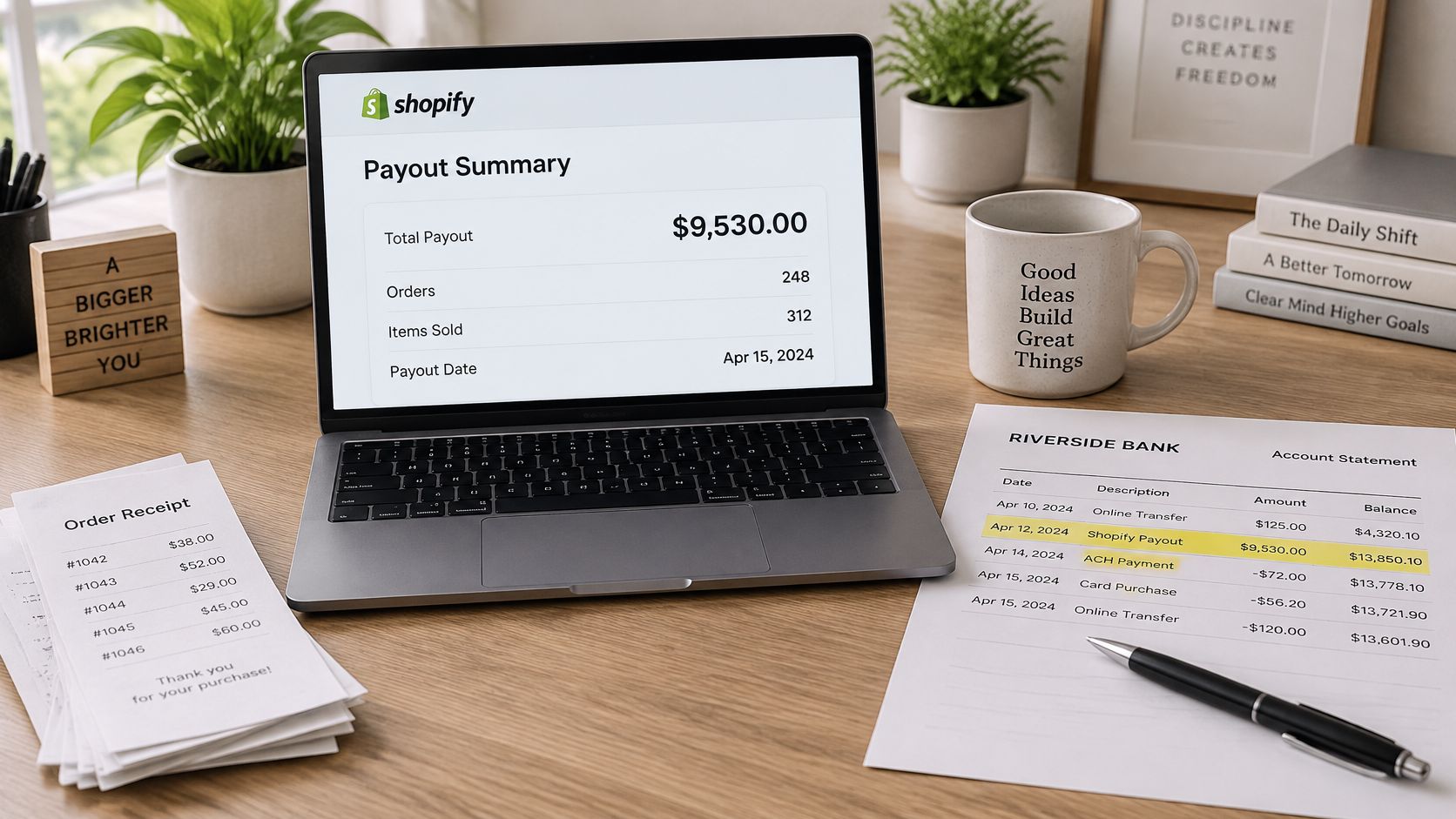 A laptop showing a Shopify payout summary alongside bank statements and order receipts on a wooden desk.