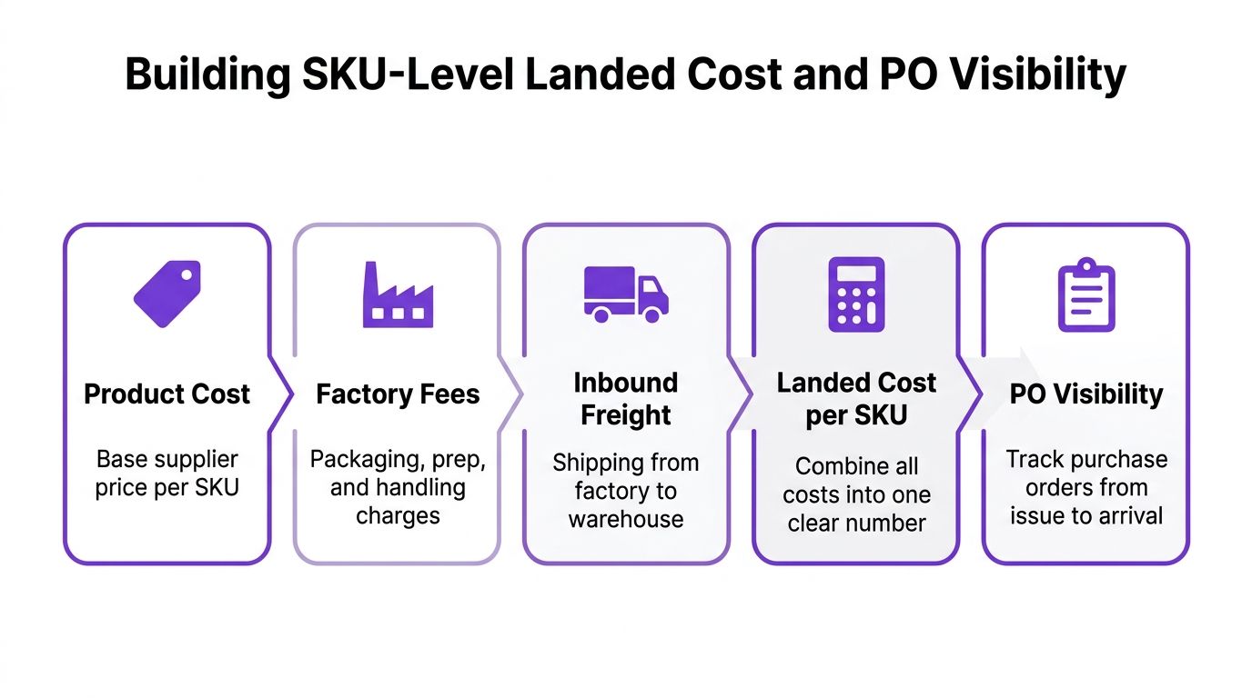 A five-step diagram showing the process of building SKU-level landed cost and purchase order visibility.