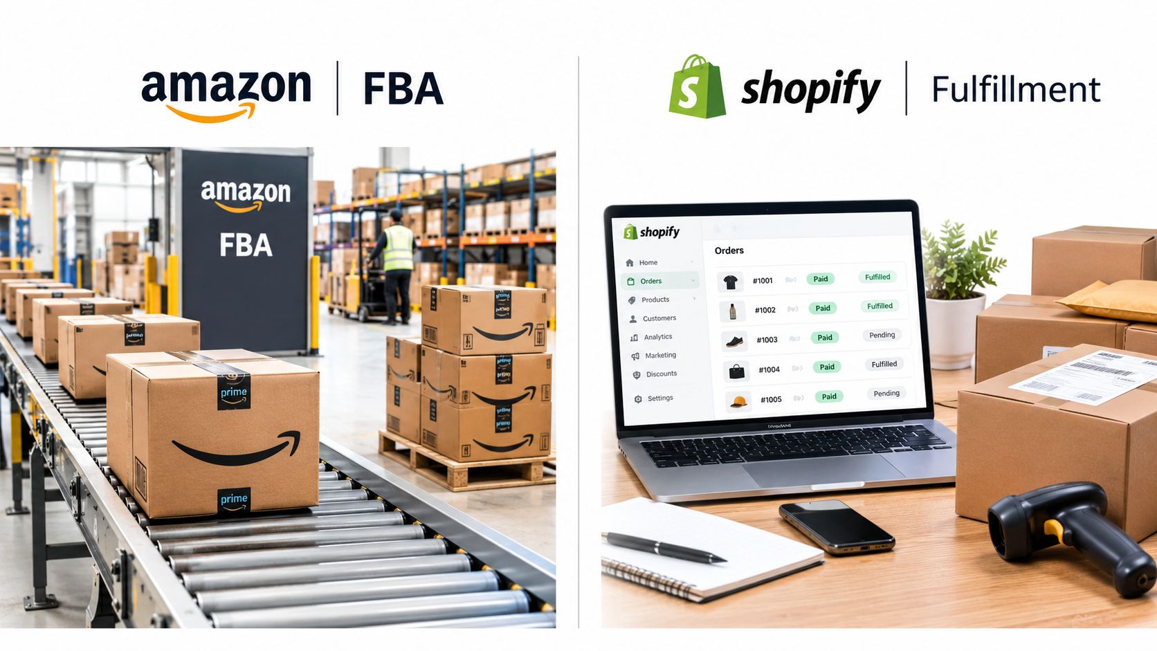 A split screen comparing Amazon FBA warehouse operations on the left and Shopify order management on the right.